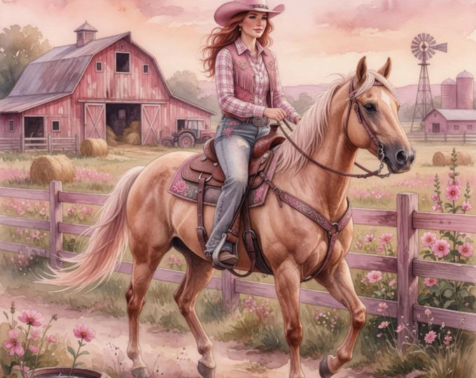 Pink Hued Cowgirl & Horse Watercolor Art – Digital Print - Instant Download
