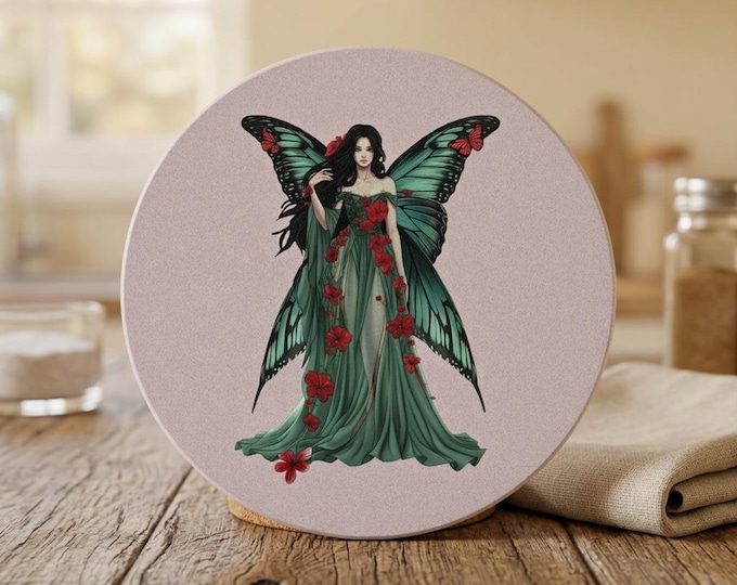 Green Butterfly Fairy Coaster | Enchanted Garden Art, Cork Backed