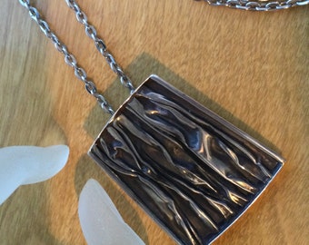 Modernist Silver Amulet on Shinier Silvertone Metal Chain Geometric but Tribal Necklace 1960s Mid Century Art Deco Brutalist Space Race