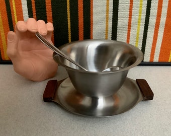 Mid Century Sauce Bowl With Attached Drip Tray And Ladle Stainless Steel