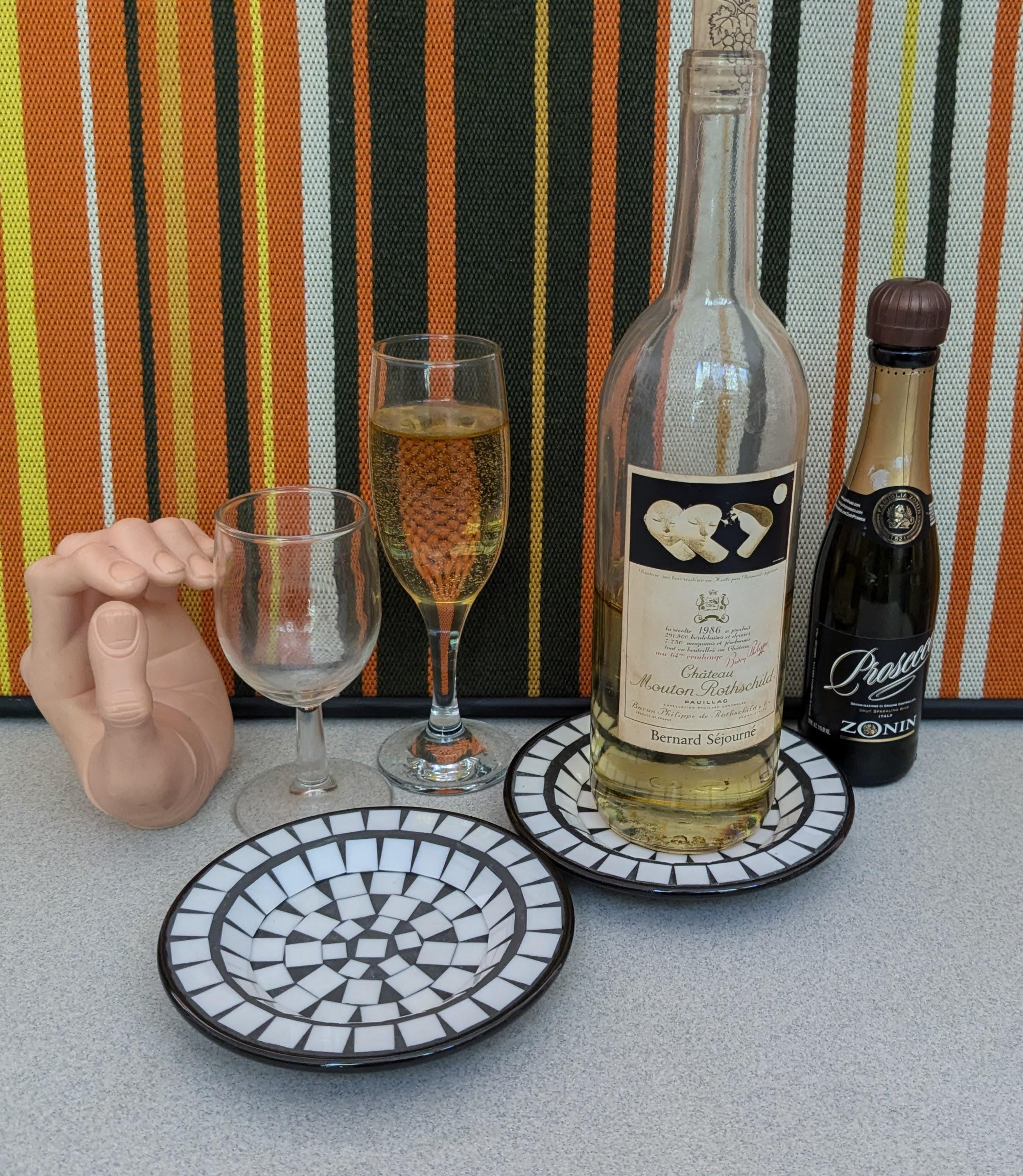 MCM Danish Rare Black White Tile Wine & Glass 60s Unique Coasters Beautifully Crafted Signed Excellent