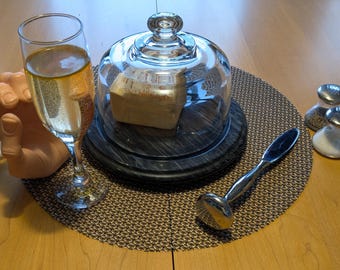 Vintage 60s Rare Black Marble Cheese Server Tray With Glass Dome Himark Superior Craftsmanship Unused Excellent