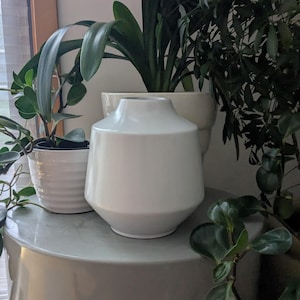 May include: A white ceramic vase with a geometric design sits on a gray surface, surrounded by potted green plants. The vase has a wide base and a narrower neck. The plants include various types of foliage, creating a natural, indoor scene.