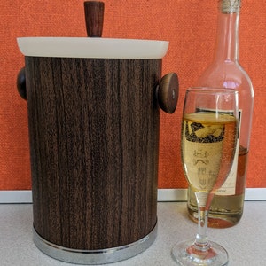 Vintage Mid Century Modern Kromex Ice Bucket Polished Chrome  Faux Walnut & Wood Handles Sixties Excellent Unused? USA