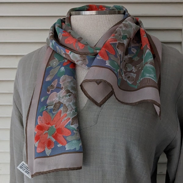 YIKES SCARF SHOP Vintage Vera 100% Silk Scarf Graceful Floral Taupe Coral Sage Hand Rolled 10 X 52 Excellent!