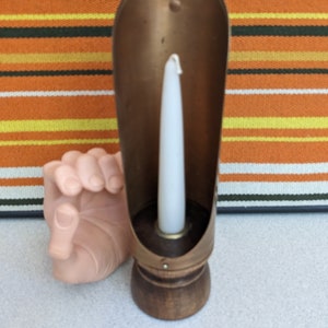 MCM Gothic Walnut & Copper Tone Candle Holder Wood Base Unique Piece 50s/60s Excellent