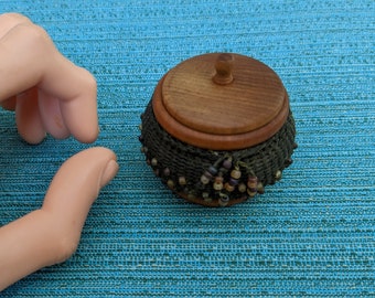 Vintage Tiny Beaded Trinket Box Wooden Cord Woven Overlay Collectible Excellent Condition