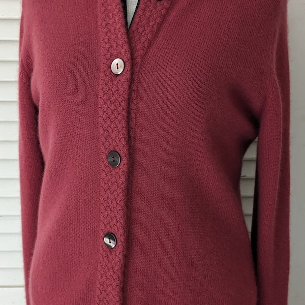Vintage Scottish Cardigan Sweater Wool Angora Warm Shell Buttons Crochet Trim Berry Tone Wonderful Condition M