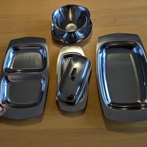 Vintage MCM 6Os 6 Piece Hostess Set Japan Kingsford Unused Wedding Gift Stainless Steel Excellent