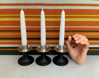 Vintage Trio Mid Century Modern Style Silver Selangor Candle Holders Matched Set Black/Pewter Very Nice Condition