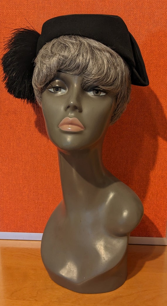 Vintage Paris Rose Descat Black Wool 40s 50s Hat W