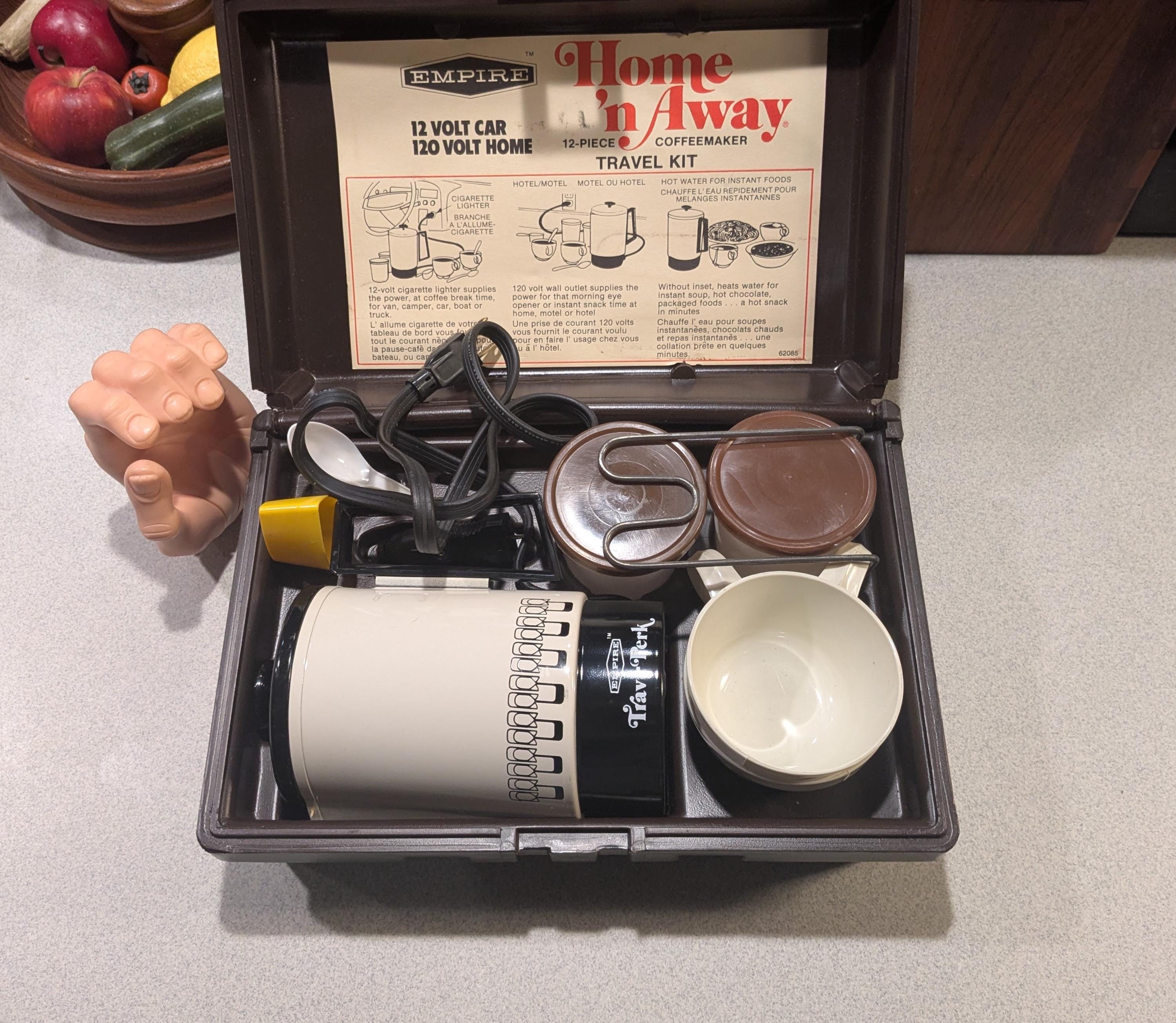 cigarette lighter coffee pot Vintage 1970s Empire Home'away Portable Coffee Maker Travel Kit 120/12V 6  Cup Almond Excellent Condition Works Fine
