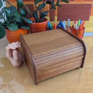 Vintage Modernist Teak Roll Top Tambour Sectioned Desk Jewelry Cassette Tape Organizer Treasure Box Excellent Condition