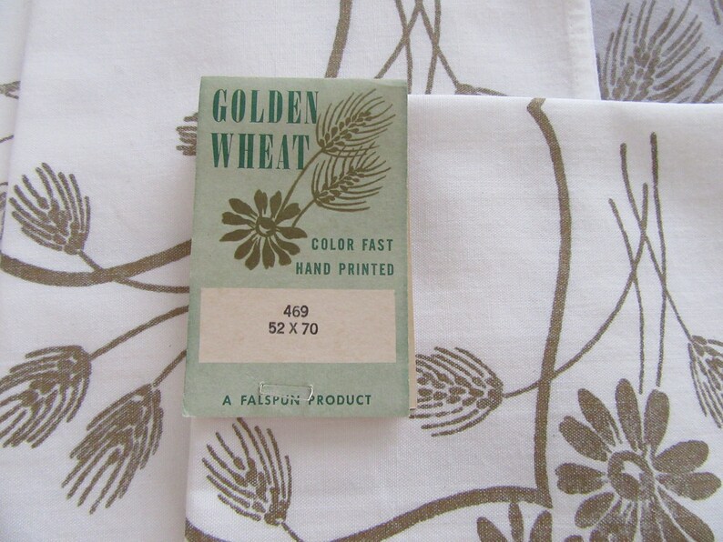Vintage Retro Fifties Falspun New WTag 52 X 70 Tablecloth 4 Napkins Gold Gray White Hand Printed USA