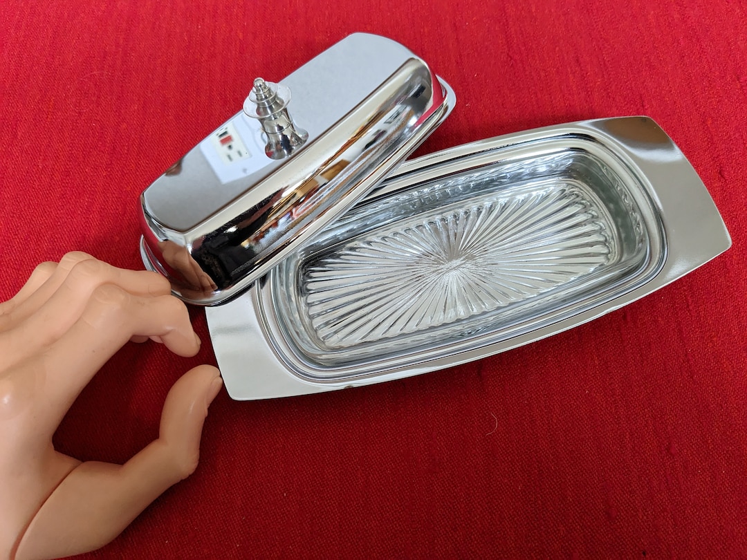 Mid Century Silver Chrome Kromex Butter Server W/cover Glass Liner Art