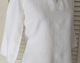 Vintage White Linen V Neck Popover Top Fitted Side Zip Crochet Trim Striking Pieces XS/S Excellent