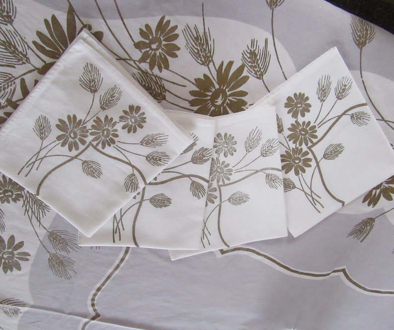 Vintage Retro Fifties Falspun New WTag 52 X 70 Tablecloth 4 Napkins Gold Gray White Hand Printed USA