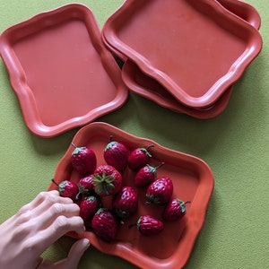 Vintage Mid Century Set of 5 Retro Metal Orange Snack Trinket Trays &quot;Social Supper Trays&quot; 8.5 x 6.5 New Old Stock