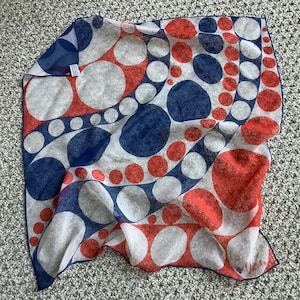 Yikes Scarf Shop Vintage Vera Scarf Silk Chiffon Verasheer Mid Century Retro Quality Made Red Blue White Excellent Hand Rolled 21 X 21