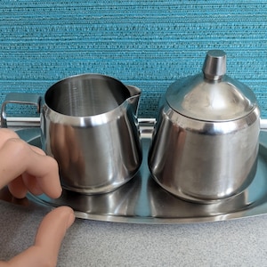 Vintage Retro 50&#39;s 60&#39;s Oneida Stainless Steel Sugar Creamer Quality Unused? Stored 6 Decades Excellent 4 Piece Set