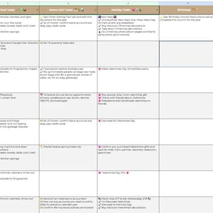 May include: A digital spreadsheet organized by month and date, featuring columns for Cleaning/Yard Tasks, Home CEO Tasks, Holiday Tasks, Birthdays, and Kids. The grid contains various checklists and text entries for household management.