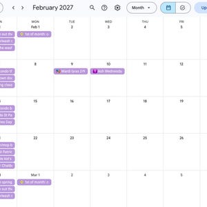 May include: A digital monthly calendar interface for February 2027 displayed in a grid format. The calendar features purple task bars with white text, including entries like Mardi Gras, Ash Wednesday, and various household chores.