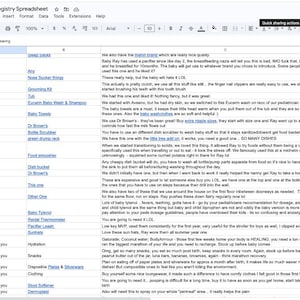 May include: A baby registry spreadsheet, titled "Molly's Baby Registry," details baby essentials. Categories include "Sleeping," "Bath," and "Bottles," with notes on products, brands, and advice for new parents. The document is organised in columns.
