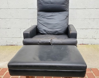 Vintage Vatne Mobler High Back Black Leather Lounge Chair and Ottoman from Norway, Nordic, Midcentury Modern, Frederick Kayser