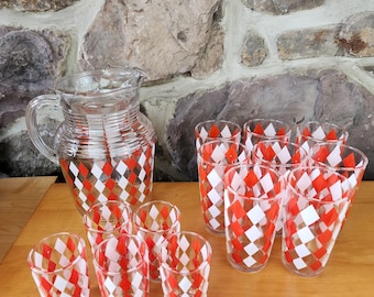 Vintage 1950s Midcentury modern Red & White Diamond, Harlequin Glassware, Barware -- Sold Separately