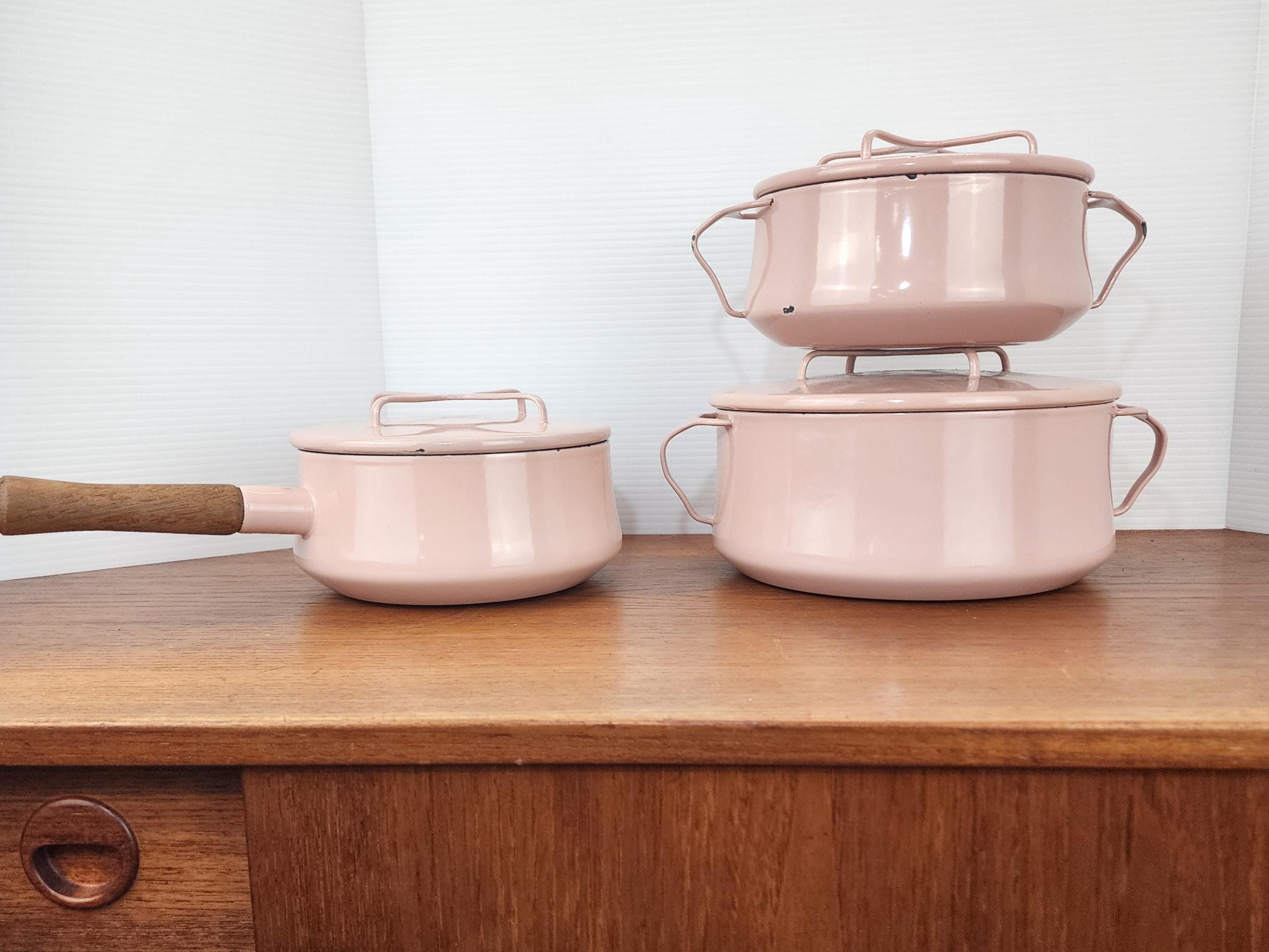 Retro Pink Dansk Kobenstyle Enamel Pots, Mid Century Modern