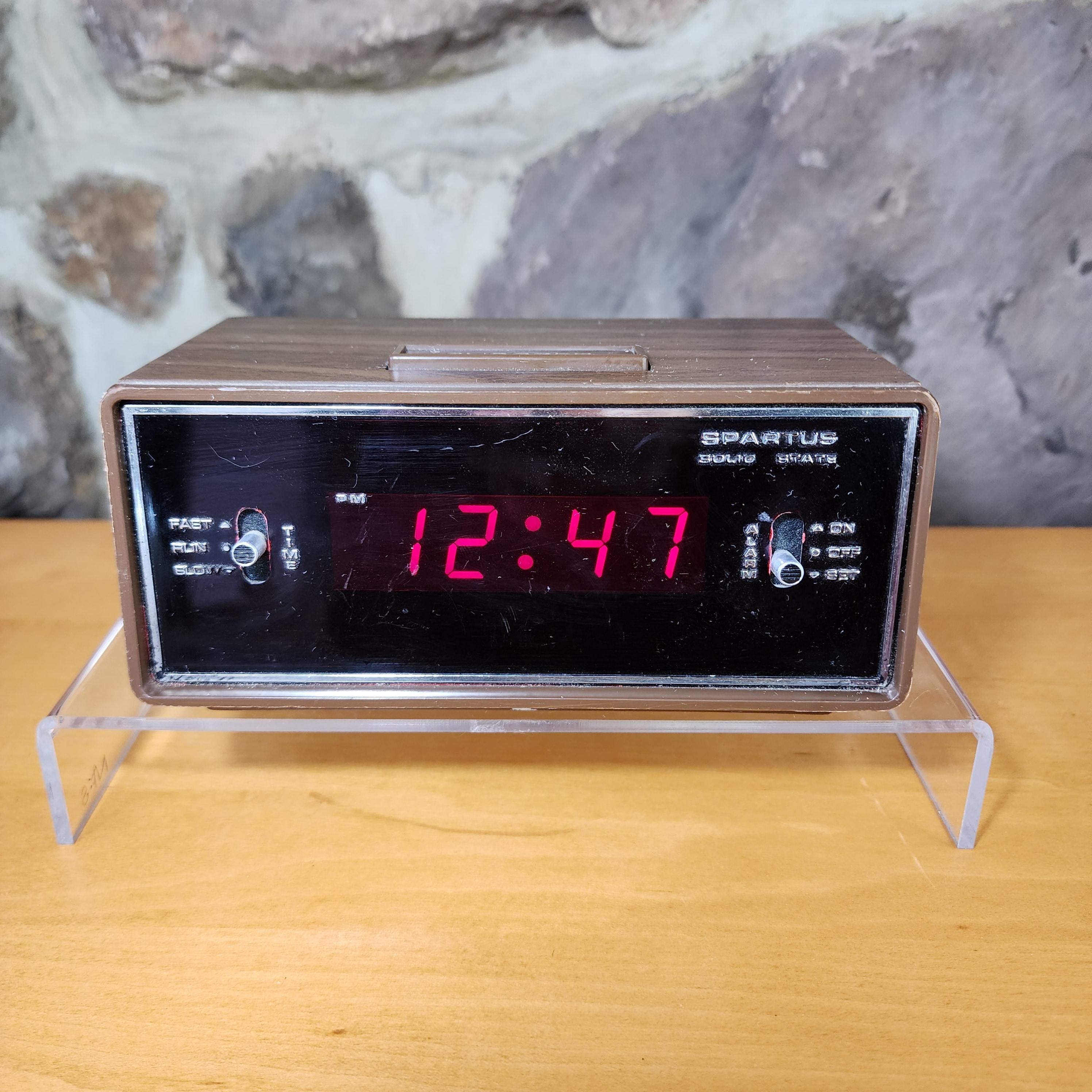 Vintage Petite 1980s Spartus Alarm Clock, Plastic With Faux Wood