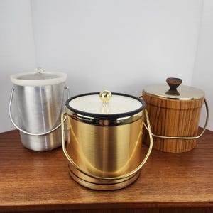 1950s, 60s and 70s Midcentury Modern Vintage Ice Buckets – Faux Teak Wood, Silver Aluminum, or Copper Finish – Sold Individually