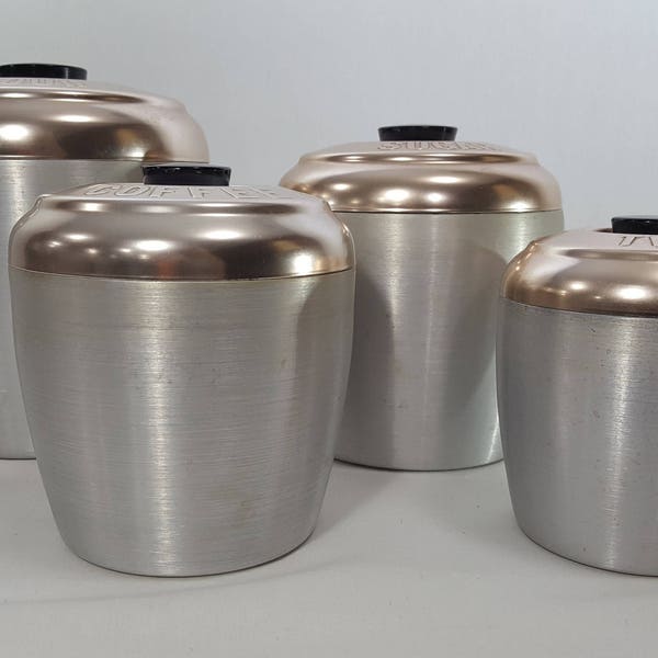 HOLD - SHIRLEY -- Aluminum Silver and Copper Retro Vintage Kitchen Nesting Kromex Style Canister Set of Four - Flour Coffee
