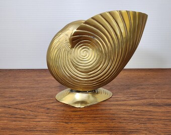 Vintage Brass Nautilus Shell Planter – Coastal Home Decor, 6" Pot