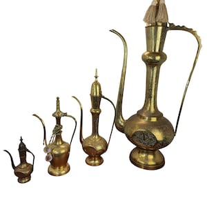 Assorted Mid Century Etched Solid Brass Turkish Tea Pot, Vintage Brass Indian Tea Kettles, Arabic Brass Tea Pot, Middle Eastern Coffee Pot