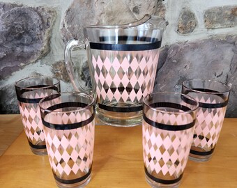 Vintage 1950s Midcentury modern Black & Pink Diamond, Harlequin Glassware, Barware  - Glass Pitcher and Tumbler Set