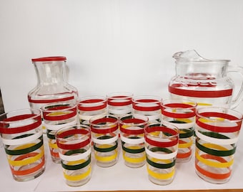 Vintage 1950s Anchor Hocking Fiesta Striped Drinking Glasses, Juice Glasses, Pitcher and Juice Bottle - Sold Seperatly