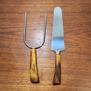 Petite Midcentury Modern Bakelite? Plastic Handle Carving Set, Knife & Fork