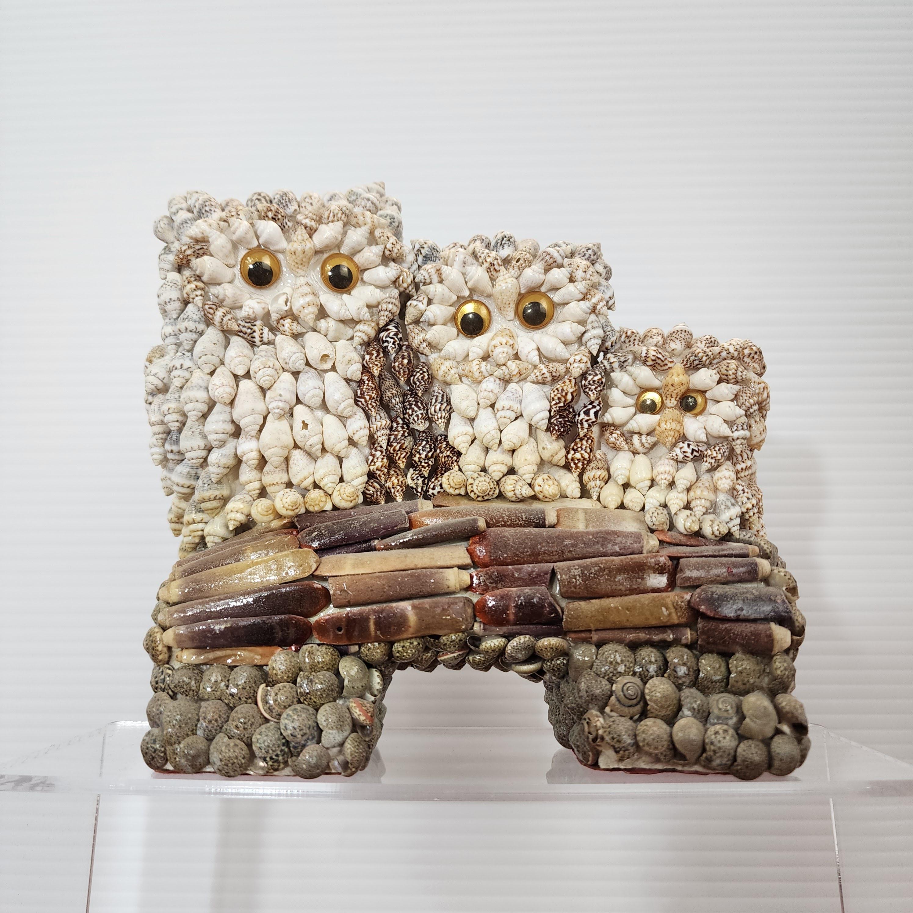 Vintage Seashell Owl Figurine, Beach Art Souvenir, Family of Owls, Novelty, Handmade Shellcraft,