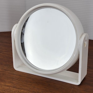 Vintage 1970s Space Age Dual-Sided Vanity Mirror – White Plastic – Retro Futuristic Design
