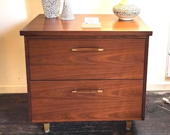 May include: A mid-century modern nightstand with two drawers. The nightstand is made of dark wood with brass-colored hardware and legs. Two decorative vases and a lamp sit on top of the nightstand.