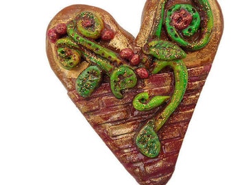 Polymer Clay Flower Heart Pin: Red Brick Wall Art