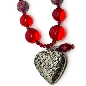 Recycled Silver Heart Necklace: Red Polymer Beads, Handmade Statement Jewelry