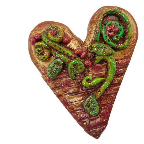 Polymer Clay Flower Heart Pin: Red Brick Wall Art
