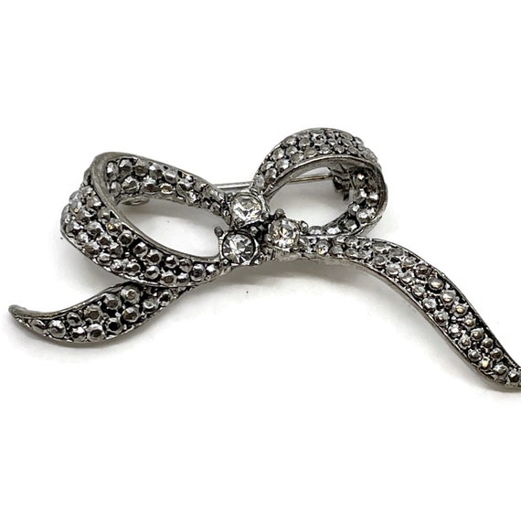 Silver-tone bow brooch with rhinestones - image 8