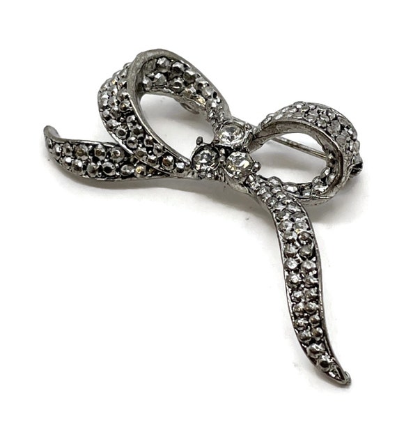 Silver-tone bow brooch with rhinestones - image 7