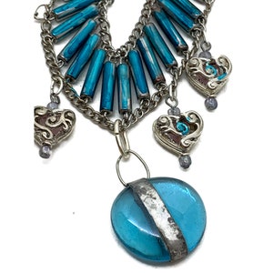 Recycled Blue Glass Pendant Necklace: Silver Heart Charms