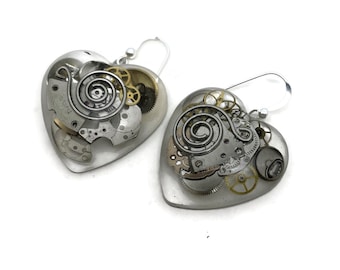 Resin earrings  | Hearts with old watchparts