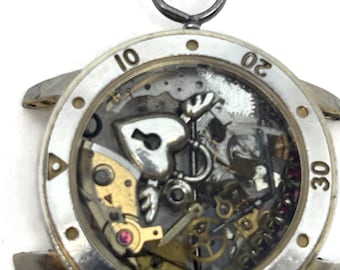 Watch parts necklace on recycled chain