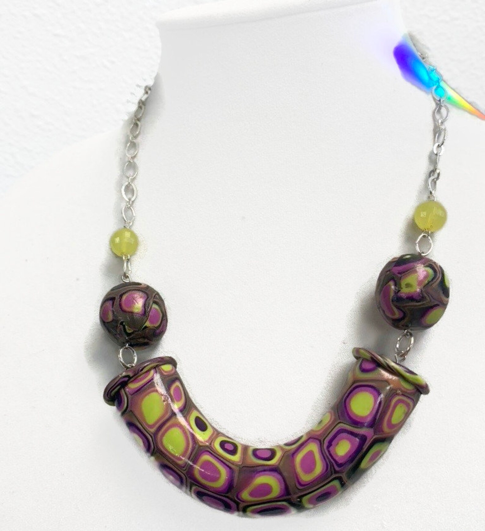 Colorful Linked Circle Statement Necklace, Handmade Polymer Clay